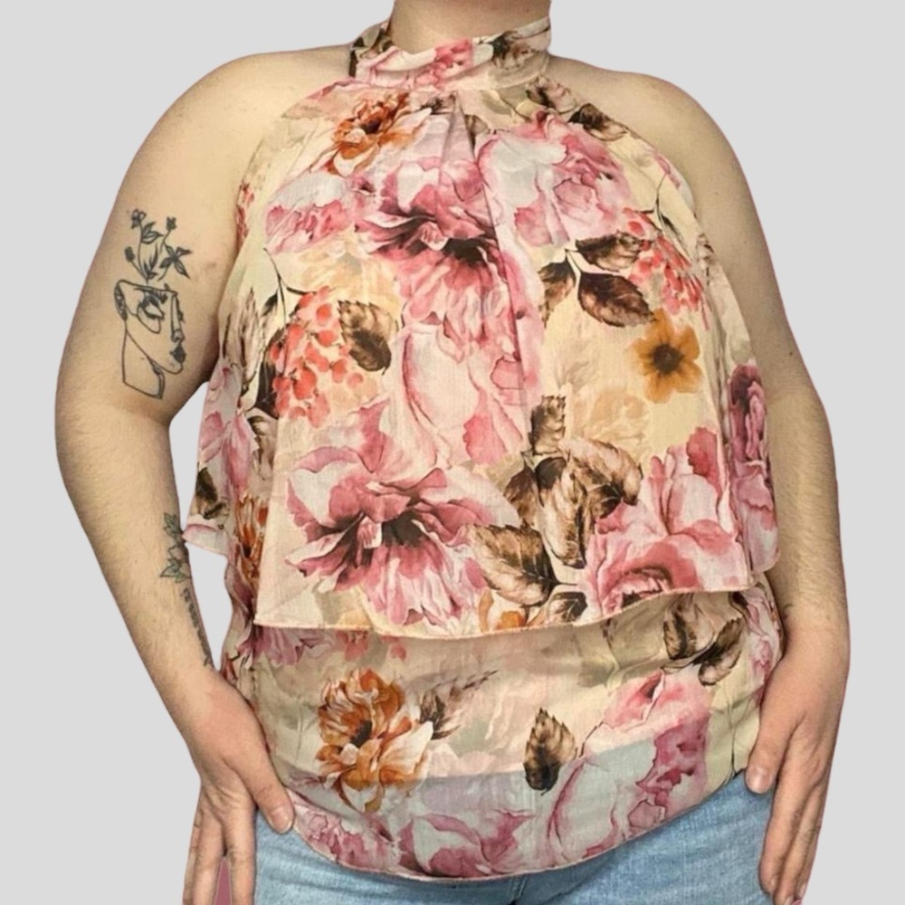 Romantic floral layered sleeveless halter top